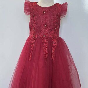 NEW Burgundy Girls Princess Tulle Dress  Lace Appliqué  Holiday & Party